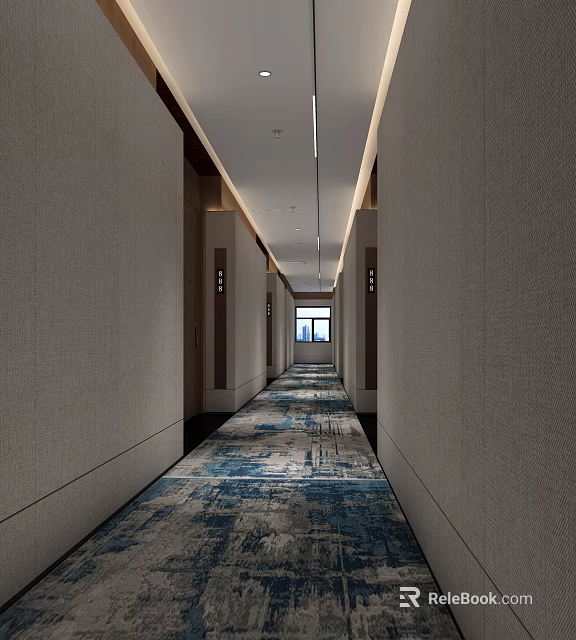 Long Modern Hotel Corridor With Neutral Walls Patterned Carpet And End Window Lighting 3d model 