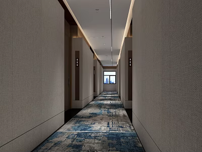 Long Modern Hotel Corridor With Neutral Walls Patterned Carpet And End Window Lighting 3d model