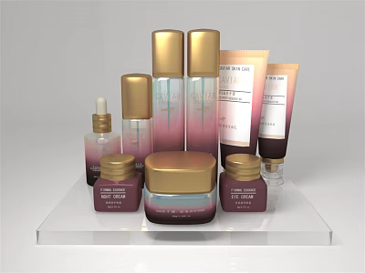 Luxury Perfume Cosmetics Collection With Golden Caps And Gradient Bottles On Clear Display Stand 3d model
