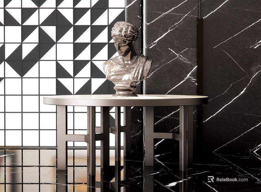 Classical Bust Sculpture Display On Silver Metal Table With Black Marble Background And Geometric Wall 3d model 