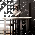 Classical Bust Sculpture Display On Silver Metal Table With Black Marble Background And Geometric Wall