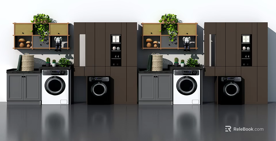Modern Bathroom Cabinet Unit With Washing Machine Green Plants And Dark Brown Finish 3d model 
