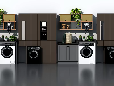 Modern Bathroom Cabinet Unit With Washing Machine Green Plants And Dark Brown Finish 3d model