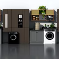 Modern Bathroom Cabinet Unit With Washing Machine Green Plants And Dark Brown Finish