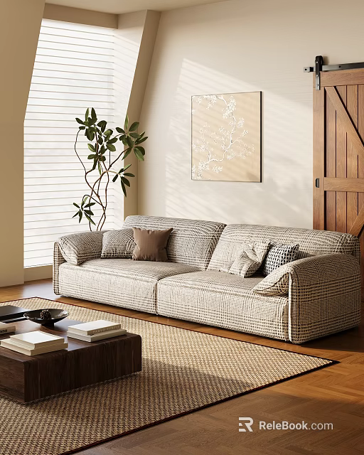 Spacious Plaid Pattern Sofa With Cushions Wooden Coffee Table Green Plant And Blinds 3d model 