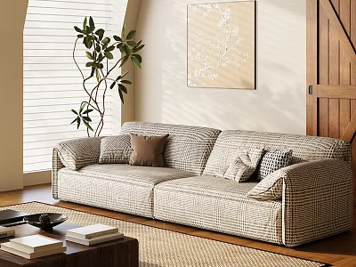 Spacious Plaid Pattern Sofa With Cushions Wooden Coffee Table Green Plant And Blinds 3d model