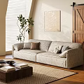 Spacious Plaid Pattern Sofa With Cushions Wooden Coffee Table Green Plant And Blinds
