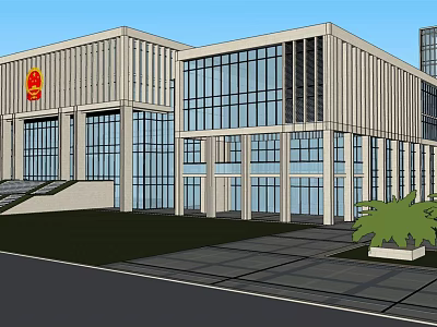 Modern Government Office Building With Glass Curtain Wall And Front Exterior Design 3d model