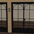 Elegant Black Double Doors With Glass Panel Frames Wall Lamp And Wooden Floor