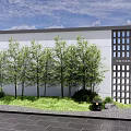 Modern Landscape Wall with Bamboo Trees Green Lawn and Stone Lantern