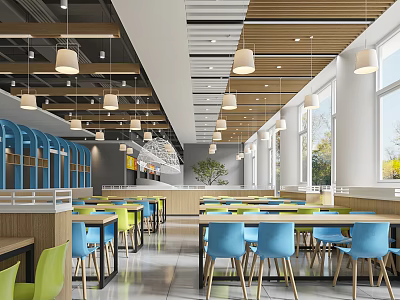 Bright Modern Restaurant Interior With Blue Green Chairs Wooden Tables And Pendant Lights 3d model
