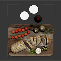 Fresh Food Platter with Sliced Bread Strawberries Olives Olive Oil and Balsamic Dip