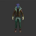 Blue Haired 3D Character Wearing Brown Jacket Green Lining Gray Pants White Gloves Pink Shoes
