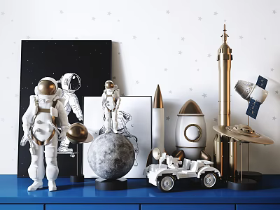 Space Themed Decorative Ornaments Set with Astronaut Moon Rocket and Rover for Tabletop Shelf Decor 3d model
