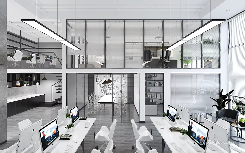 Modern Open Public Office Space Featuring White Desks Computers Glass Partitions Blinds And Plants 3d model 