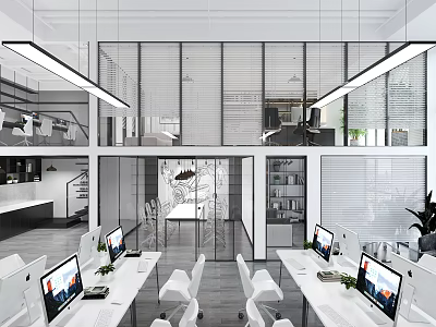 Modern Open Public Office Space Featuring White Desks Computers Glass Partitions Blinds And Plants 3d model