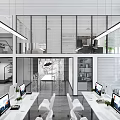 Modern Open Public Office Space Featuring White Desks Computers Glass Partitions Blinds And Plants
