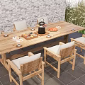 Wooden Outdoor Table With Matching Chairs Cushioned Seats Teapot Fruits Tray Near Brick Wall Greenery