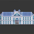 Cartoon Scene Featuring A Building With Blue Roof White Walls Multiple Windows And Reflection