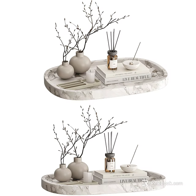 Stylish Decorative Ornament Set on Marble Tray with Vases Diffuser Branches and Books 3d model 