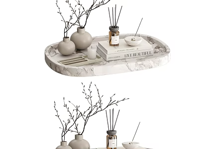 Stylish Decorative Ornament Set on Marble Tray with Vases Diffuser Branches and Books 3d model