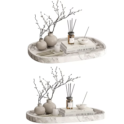 Stylish Decorative Ornament Set on Marble Tray with Vases Diffuser Branches and Books 3d model