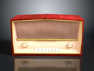 Red Vintage Electronic Radio With Golden Frame Front Knobs And Control Buttons 3d model