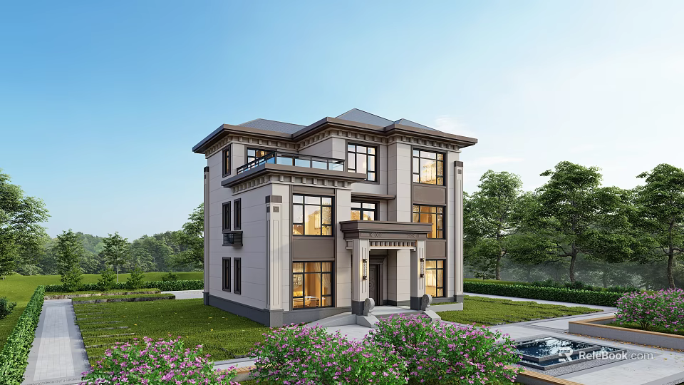 Two Story Modern Detached Villa With Large Glass Windows And Landscaped Garden 3d model 