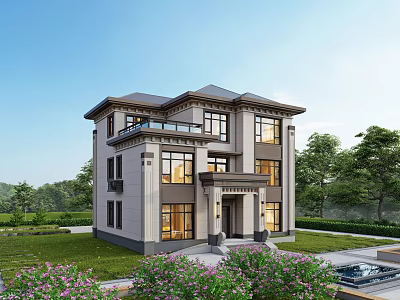 Two Story Modern Detached Villa With Large Glass Windows And Landscaped Garden 3d model