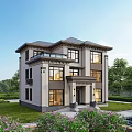 Two Story Modern Detached Villa With Large Glass Windows And Landscaped Garden