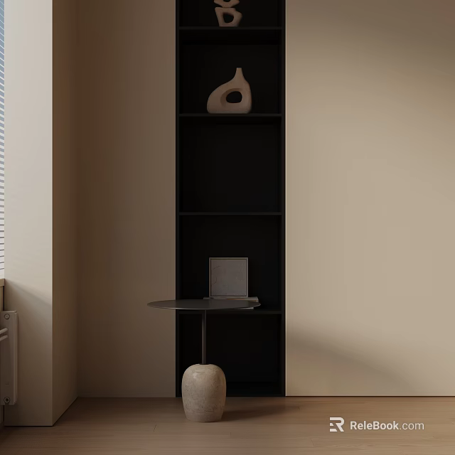Modern Minimalist Side Table With Round Top White Base By Black Bookshelf And White Vase 3d model 