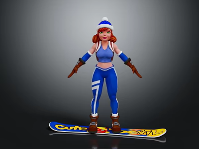 Red Haired Female Character In Blue Outfit Standing On Snowboard With Cute Sun Design 3d model