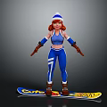 Red Haired Female Character In Blue Outfit Standing On Snowboard With Cute Sun Design