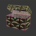 Open Ornate Trunk With Fan Shaped Pattern Gold Accents And Interior Lining