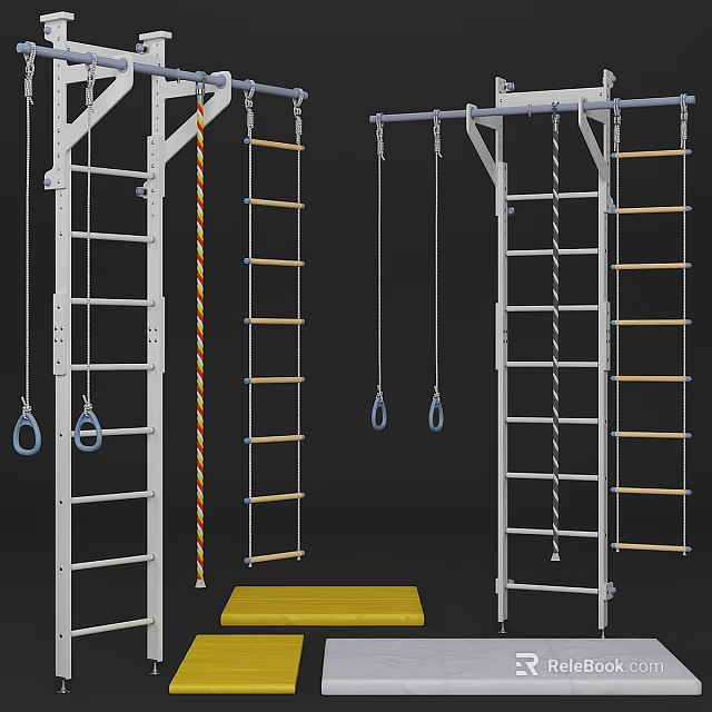 Sports Equipment Set With Climbing Ladders Gymnastic Rings Rope And Training Mat 3d model 
