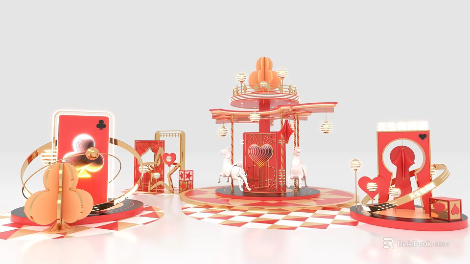Commercial Equipment Featuring Red Gold Carousel Design With Heart Playing Card Decor 3d model 