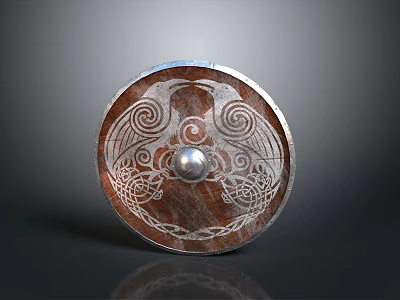 Medieval Wooden Shield With Silver Edge Carved Spiral Bird Patterns And Central Metal Ball Design 3d model
