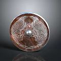 Medieval Wooden Shield With Silver Edge Carved Spiral Bird Patterns And Central Metal Ball Design