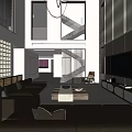 Modern Living Dining Room Interior Design With High Ceiling Chandelier And Light Sofa TV Wall
