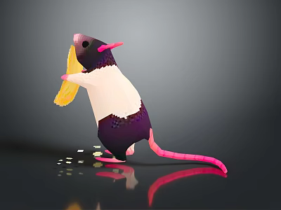 Cartoon Rat Holding Yellow Noodles Standing On Dark Surface With Rice Grains 3d model