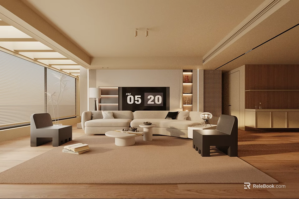 Modern Living Room Interior Design With Large TV Sectional Sofa Beige Rug And Wooden Flooring 3d model 