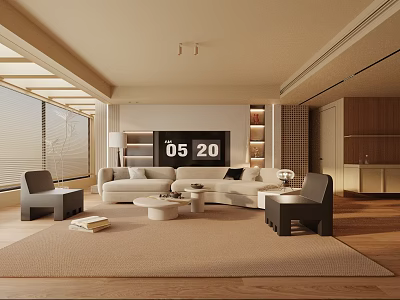 Modern Living Room Interior Design With Large TV Sectional Sofa Beige Rug And Wooden Flooring 3d model
