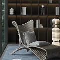 Modern Woven Leisure Chair With Light Gray Cushions And Decorative Shelves Interior Design