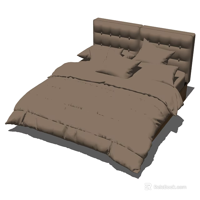 Modern Minimalist Brown Double Bed With Upholstered Headboard And Pillows Comforter 3d model 