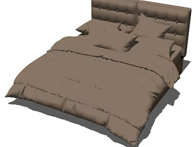 Modern Minimalist Brown Double Bed With Upholstered Headboard And Pillows Comforter 3d model
