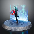 Game Movie Superhero Character Holding Captain America Shield With Electric Lightning Effects On Stone Pedestal