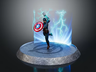 Game Movie Superhero Character Holding Captain America Shield With Electric Lightning Effects On Stone Pedestal 3d model