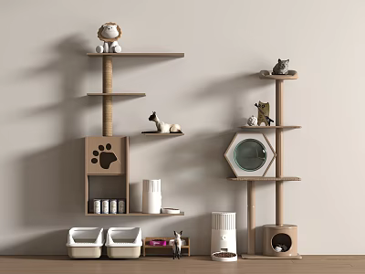 Modern Wall Mounted Cat Shelves Design With Scratching Post Cat Bed And Bowls 3d model