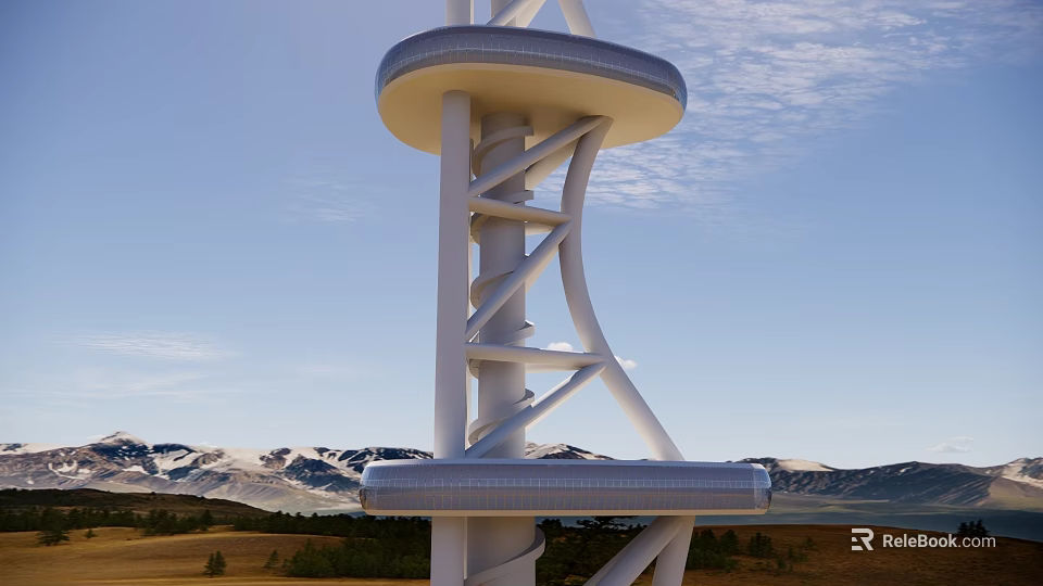 Modern Spiral Tower With Observation Deck Against Mountain And Blue Sky 3d model 