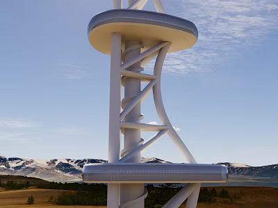 Modern Spiral Tower With Observation Deck Against Mountain And Blue Sky 3d model